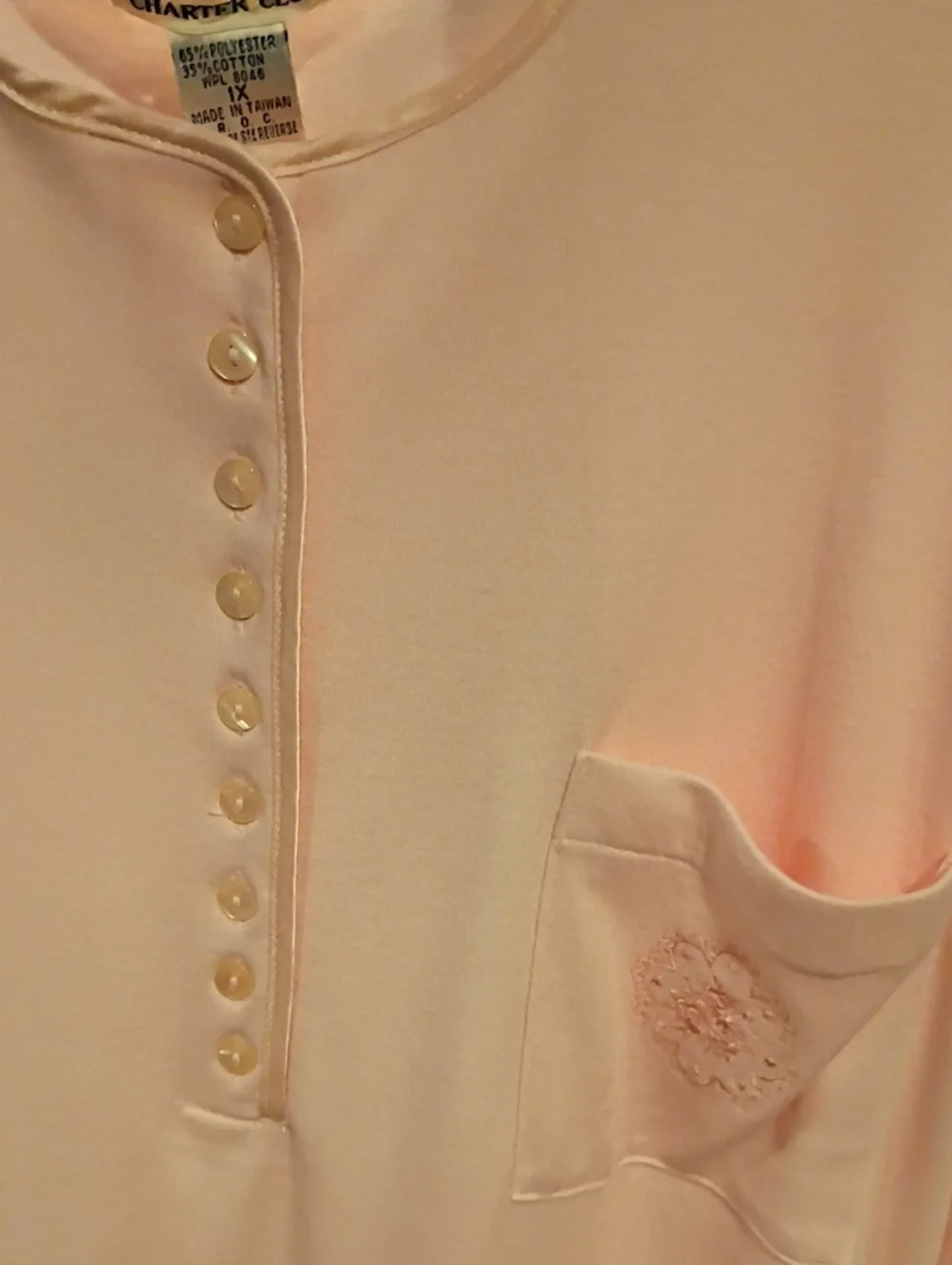 Charter Club Pale Pink Satin-Trim Nightgown w Floral Crocheted Laced Pocket